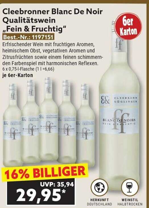 Cleebronner Blanc De Noir Qualitätswein "Fein & Fruchtig" 6er Karton