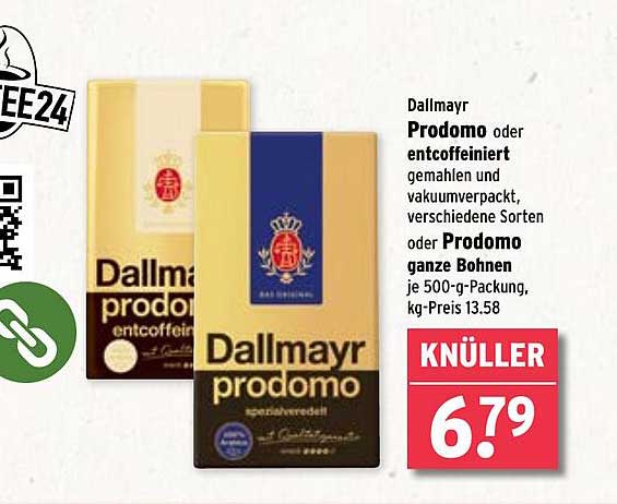 Dallmayr Prodomo - Entkoffeinierter Kaffee oder Ganze Bohnen je 500-g-Packung