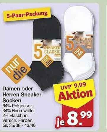 Damen oder Herren Sneakersocken 5-Paar-Packung