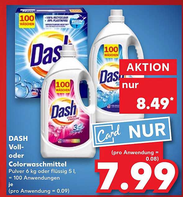 DASH Voll- oder Colorwaschmittel, Pulver 6 kg oder flüssig 5 l, 100 Anwendungen
