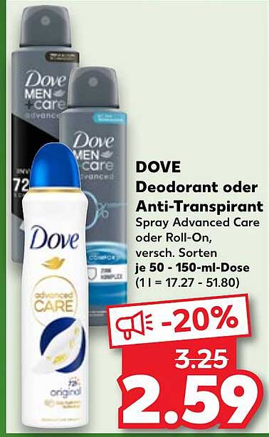 DOVE Deodorant oder Anti-Transpirant Spray Advanced Care oder Roll-On, verschiedenste Sorten
