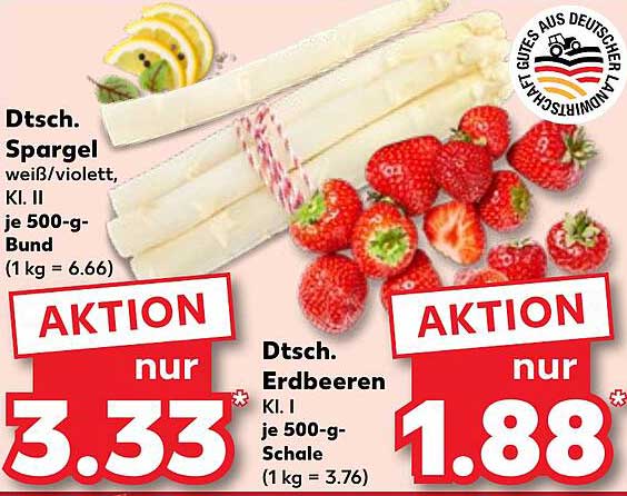 Dt. Spargel weiß/violett, Kl. II je 500-g-Bund und Dt. Erdbeeren, Kl. I je 500-g-Schale