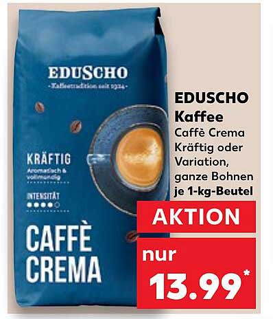 EDUSCHO Kaffee Caffè Crema kräftig oder Variation, ganze Bohnen je 1-kg-Beutel