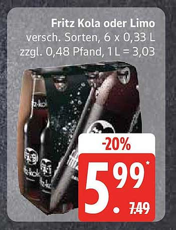 Fritz Kola oder Limo, 6 x 0,33 L