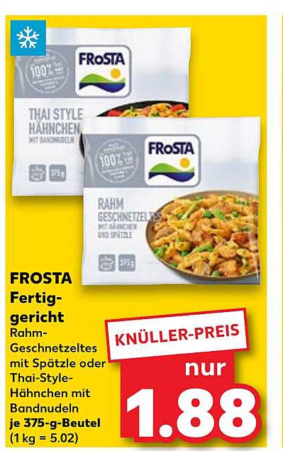 FROSTA Fertiggericht Rahm-Geschnetzeltes mit Spätzle oder Thai-Style-Hähnchen mit Bandnudeln 375-g-Beutel