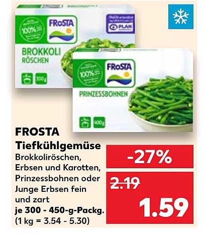 FROSTA Tiefkühlgemüse: Brokkoli-Röschen, Erbsen und Karotten, Prinzessbohnen oder Junge Erbsen - fein und zart