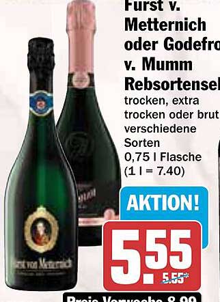 Fürst v. Metternich oder Godefroy v. Mumm Rebsortensekt trocken, extra trocken oder brut (0,75 l Flasche)