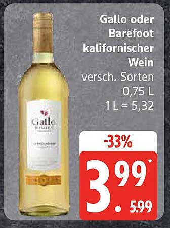 Gallo oder Barefoot kalifornischer Wein 0,75 L - Jetzt nur 3,99 €