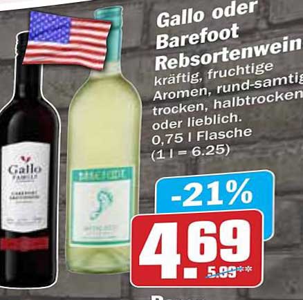 Gallo oder Barefoot Rebsortenwein - 0,75 l Flasche