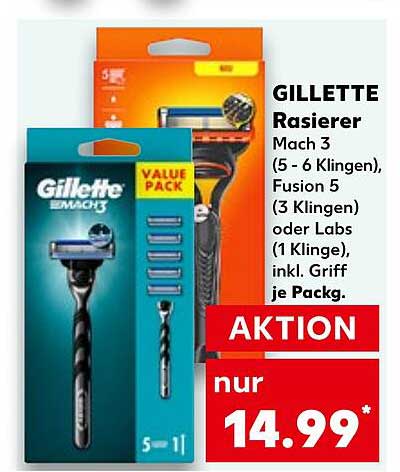 GILLETTE Rasierer Mach 3 (5 - 6 Klingen), Fusion 5 (3 Klingen) oder Labs (1 Klinge), inkl. Griff je Pack.