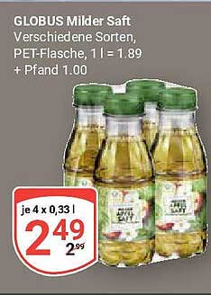 GLOBUS Milder Saft, verschiedene Sorten, PET-Flasche, 1 l = 1,89 + Pfand 1,00