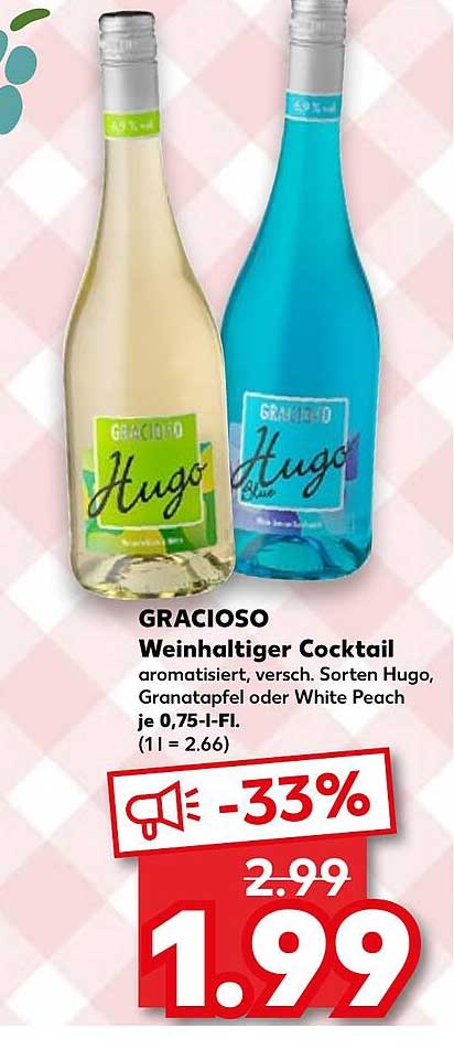 GRACIOSO Weinhaltiger Cocktail aromatisiert, verschiedene Sorten Hugo, Granatapfel oder White Peach je 0,75-l-Flasche