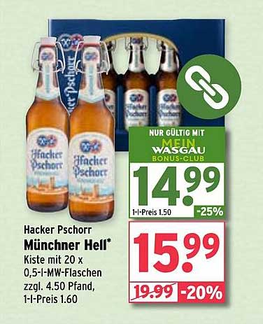 Hacker Pschorr Münchner Hell* Kiste mit 20 x 0,5-l-MW-Flaschen