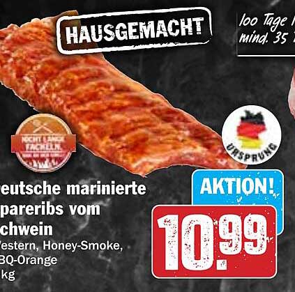 Hausgemachte deutsche marinierte Spare Ribs vom Schwein (Western, Honey-Smoke, BBQ-Orange)