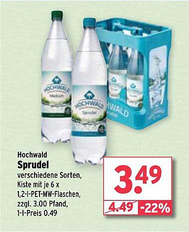 Hochwald Sprudel verschiedene Sorten, Kiste mit je 6 x 1,2-l-PET-MW-Flaschen