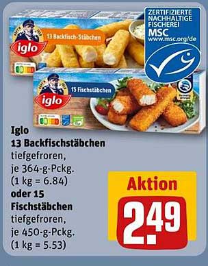 Iglo 13 Backfischstäbchen tiefgefroren oder 15 Fischstäbchen tiefgefroren