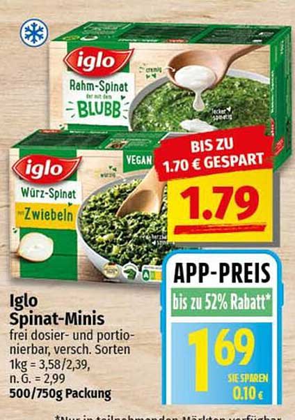 Iglo Spinat-Minise - Wurz-Spinat mit Zwiebeln und Rahm-Spinat mit Blubb