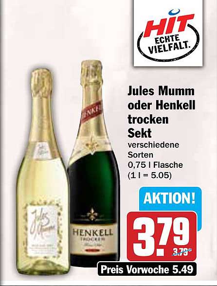 Jules Mumm oder Henkel trocken Sekt, 0,75 L Flasche