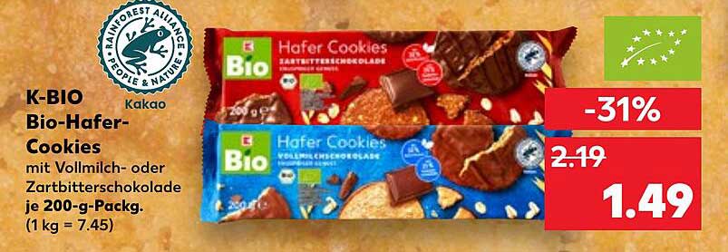 K-BIO Bio-Hafer-Cookies mit Vollmilch- oder Zartbitterschokolade je 200-g-Pack.