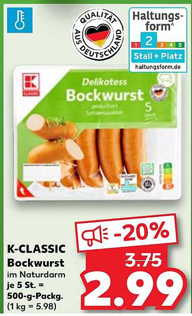 K-CLASSIC Bockwurst im Naturdarm, 500-g-Packung