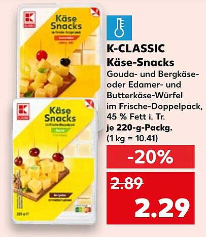 K-CLASSIC Käse-Snacks Gouda- und Bergkäse- oder Edamer- und Butterkäse-Würfel im Frische-Doppelpack