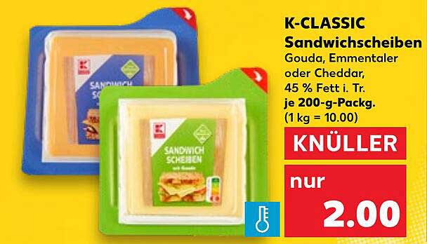 K-CLASSIC Sandwichscheiben Gouda, Emmentaler oder Cheddar, 200-g-Packung