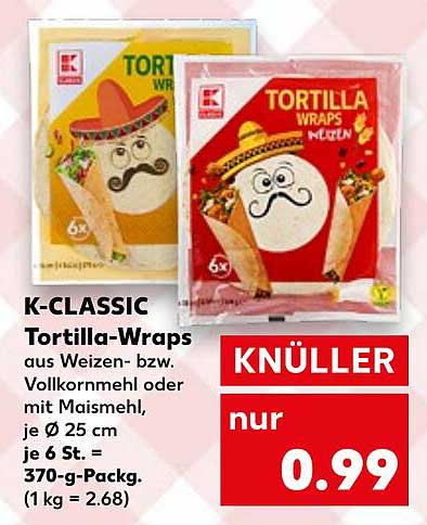K-CLASSIC Tortilla-Wraps aus Weizen- bzw. Vollkornmehl oder mit Maismehl