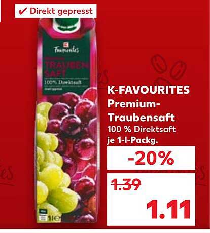 K-Favourites Premium-Traubensaft 100 % Direktsaft je 1-L-Pack.