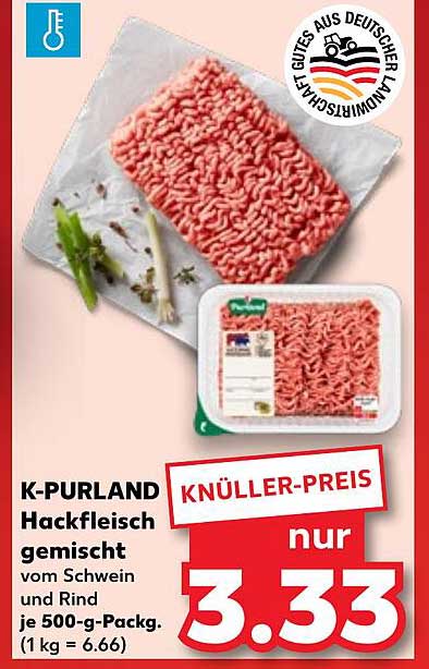 K-PURLAND Hackfleisch gemischt vom Schwein und Rind 500-g-Packung