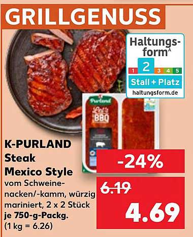 K-PURLAND Steak Mexico Style vom Schweinenacken, würzig mariniert, 2 x 750-g-Pack.