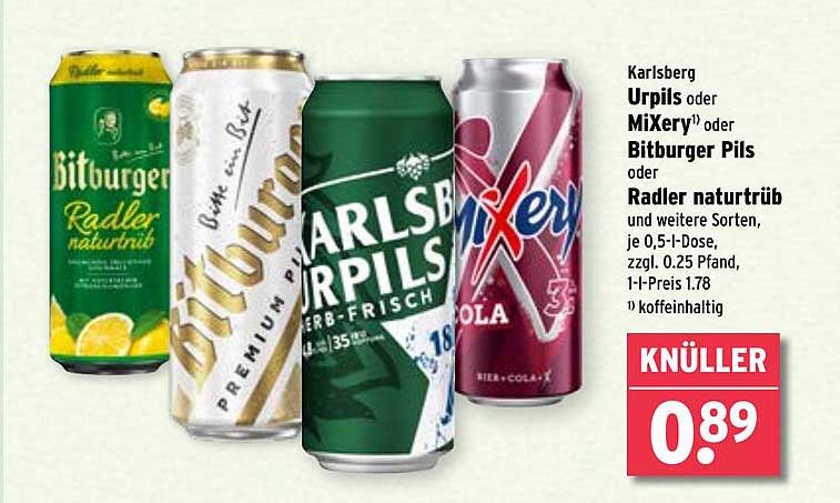 Karlsberg Urpils oder MiXery oder Bitburger Pils oder Radler naturtrüb, je 0,5-l-Dose