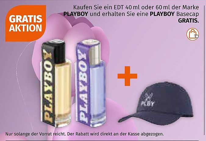 Kaufen Sie ein EDT 40 ml oder 60 ml der Marke PLAYBOY und erhalten Sie eine PLAYBOY Basecap GRATIS.