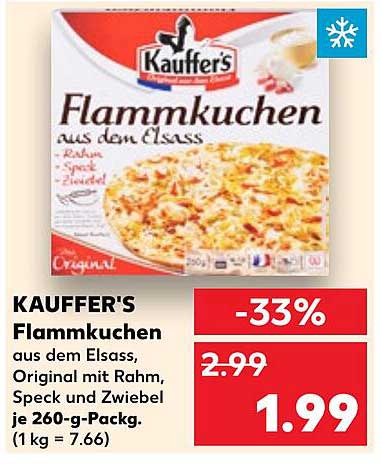 KAUFFER'S Flammkuchen aus dem Elsass, Original mit Rahm, Speck und Zwiebel je 260-g-Pack.