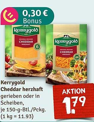 Kerrygold Cheddar herzhaft gerieben oder in Scheiben, je 150-g-Btl./Pckg. (1 kg = 11,93 €)