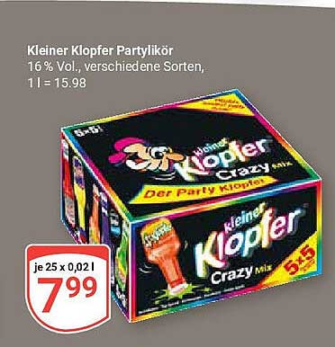 Kleiner Klopfer Partylikör 16% Vol., verschiedene Sorten