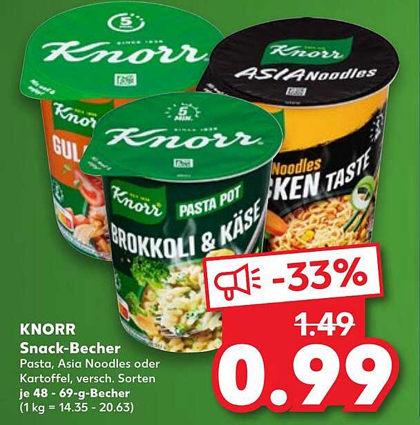 KNORR Snack-Becher: Pasta, ASIA Noodles oder Kartoffel, verschiedene Sorten