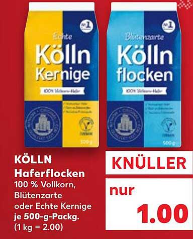 KÖLLN Haferflocken 100 % Vollkorn, Blütenzarte oder Echte Kerne je 500-g-Packung