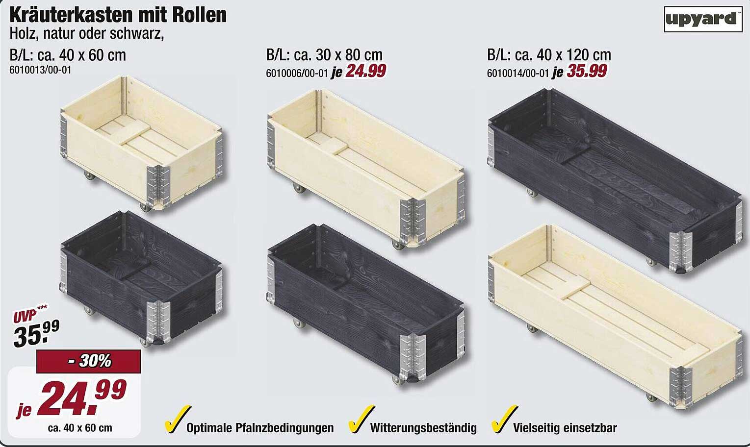 Kräuterkasten mit Rollen, Holz, natur oder schwarz
