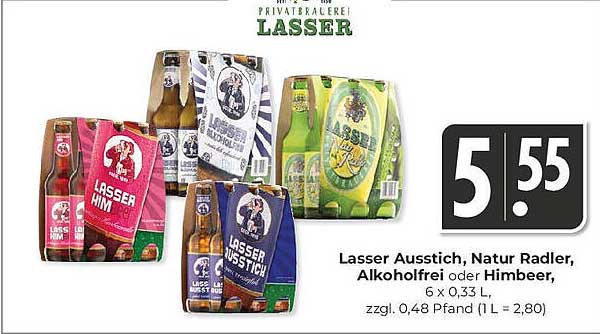 Lasser Ausstich, Natur Radler, Alkoholfrei oder Himbeer, 6 x 0,33 L