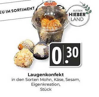 Laugenkonfekt in den Sorten Mohn, Käse, Sesam, Eigenkreation, Stück