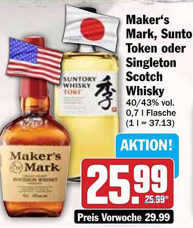 Maker's Mark, Suntory Token oder Singleton Scotch Whisky 0,7 l Flasche