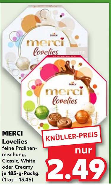 MERCI Lovelies feine Pralinenmischung, Classic, White oder Creamy je 185-g-Pack.