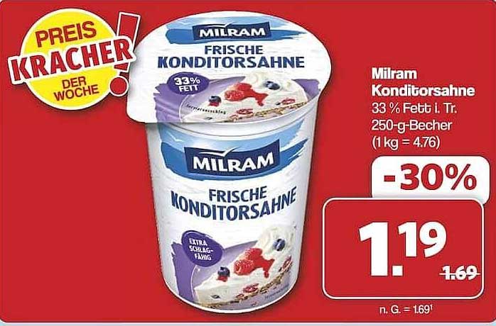 Milram Frische Konditorsahne 33% Fett, 250-g-Becher, jetzt nur 1,19 € (statt 1,69 €)