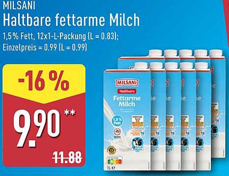 MILSANi Haltbare fettarme Milch 1,5% Fett, 12x1-L-Packung
