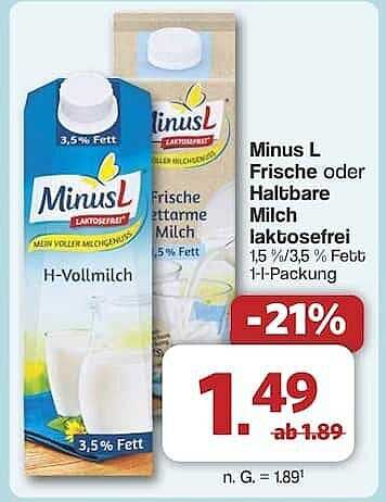 Minus L Frische oder Haltbare Milch laktosefrei 1,5 % / 3,5 % Fett 1 l-Packung
