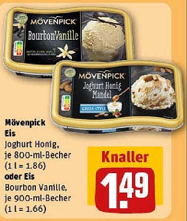 Mövenpick Eis Joghurt Honig oder Bourbon Vanille, 800 ml bzw. 900 ml