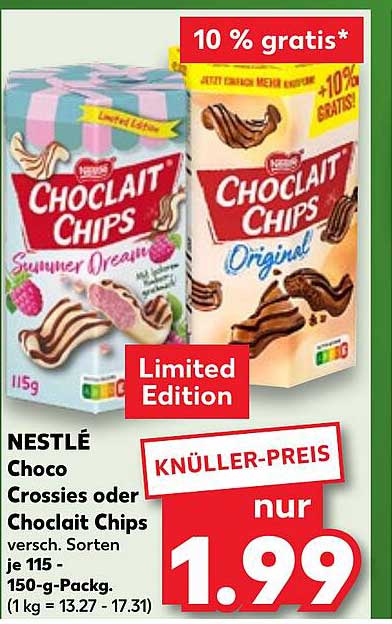 NESTLÉ Choco Crossies oder Chocolait Chips versch. Sorten 115 - 150-g-Pack.