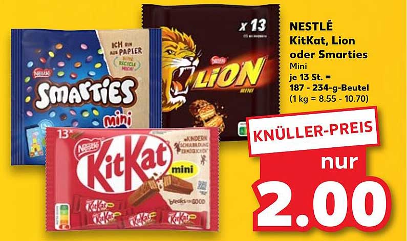 NESTLÉ KitKat, Lion oder Smarties Mini – nur 2,00 €