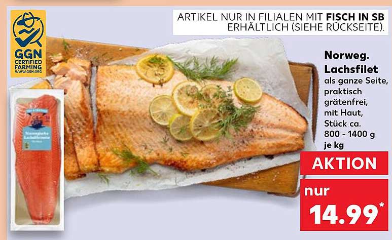 Norweg. Lachsfilet als ganze Seite, praktisch grätenfrei, mit Haut, Stück ca. 800-1400 g je kg