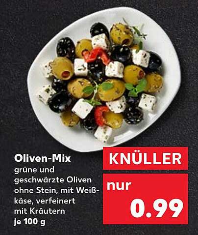 Oliven-Mix - grüne und geschwärzte Oliven ohne Stein, mit Weißkäse, verfeinert mit Kräutern je 100 g
